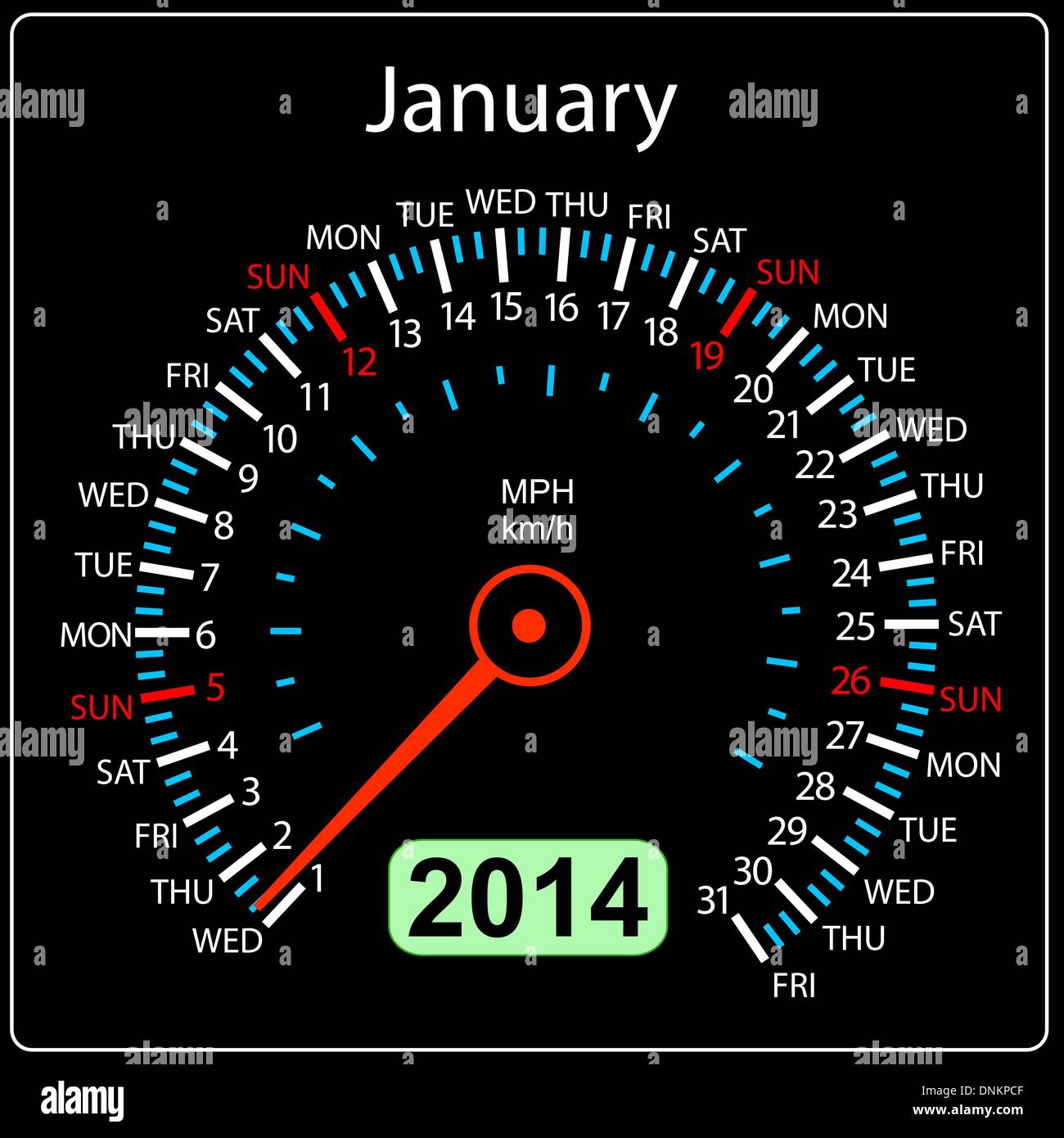 2014 year calendar speedometer car in vector. January. Stock Vector