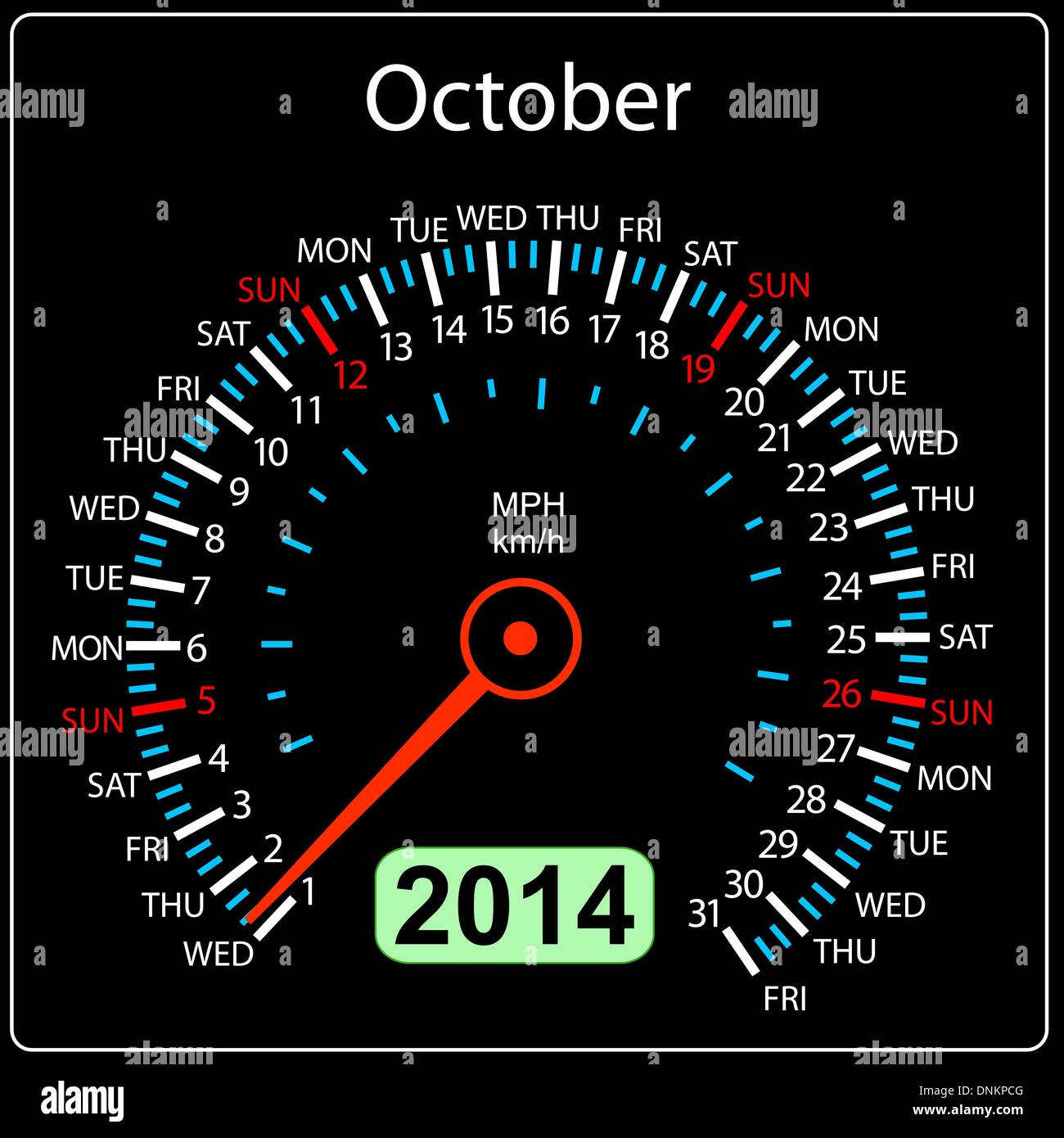 2014 year calendar speedometer car in vector. October. Stock Vector