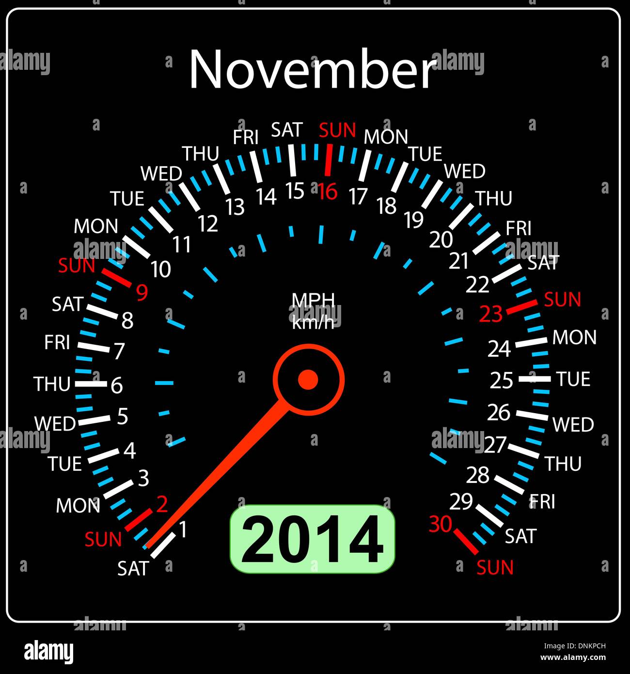 2014 year calendar speedometer car in vector. November. Stock Vector