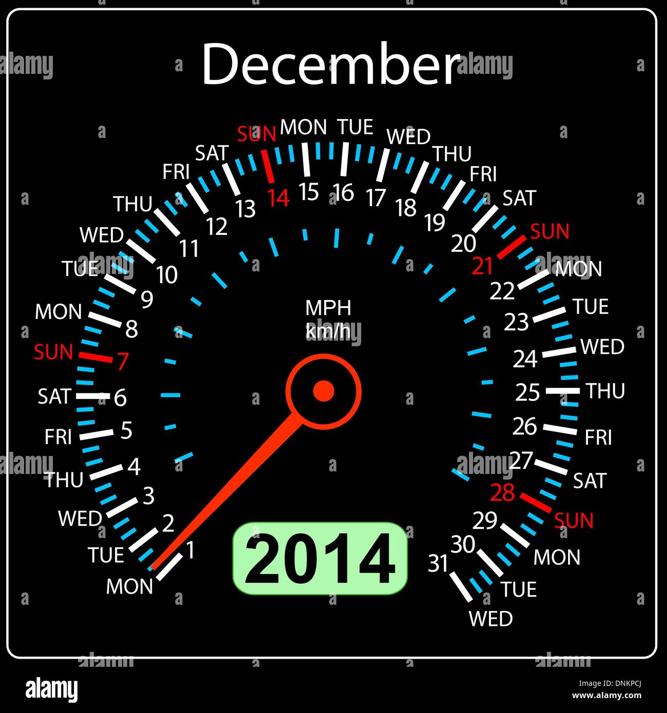 2014 year calendar speedometer car in vector. December. Stock Vector