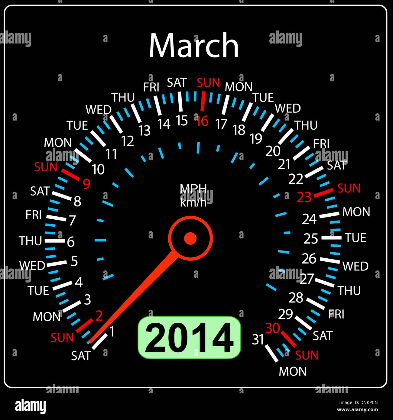 2014 year calendar speedometer car in vector. March. Stock Vector