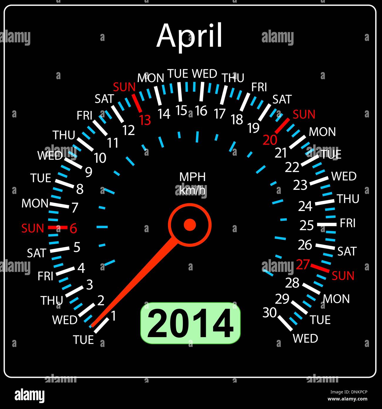 2014 year calendar speedometer car in vector. April. Stock Vector
