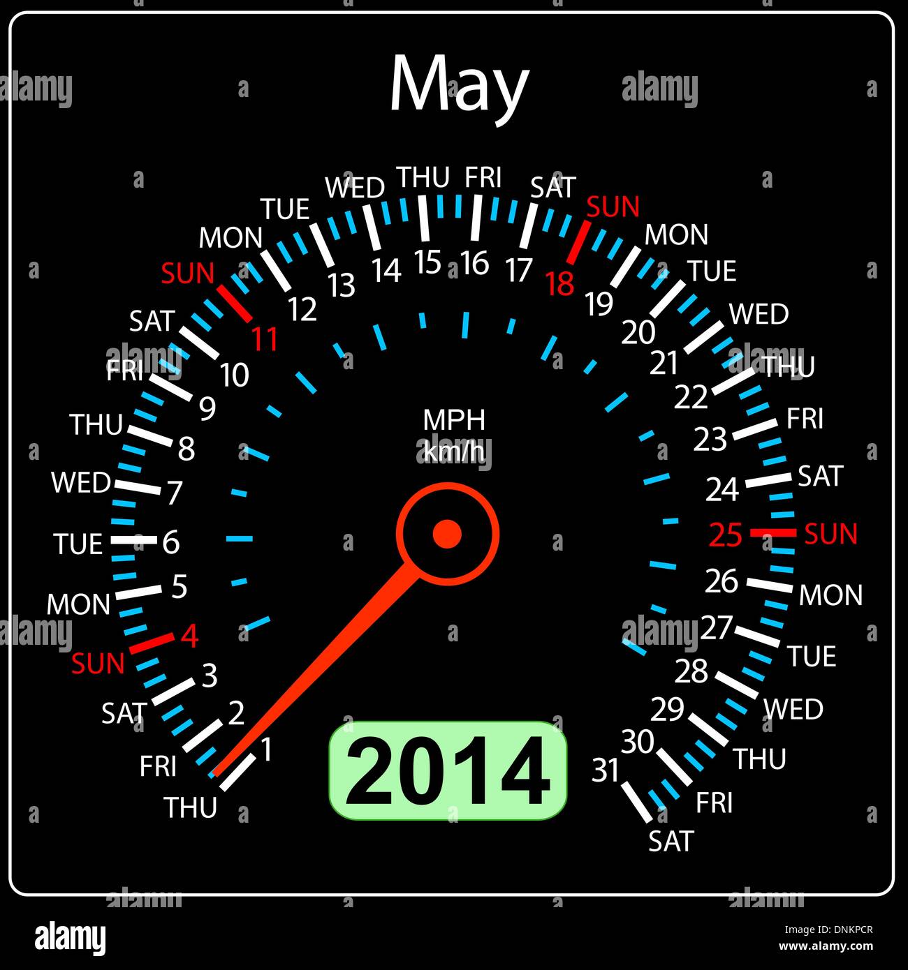 2014 year calendar speedometer car in vector. May. Stock Vector