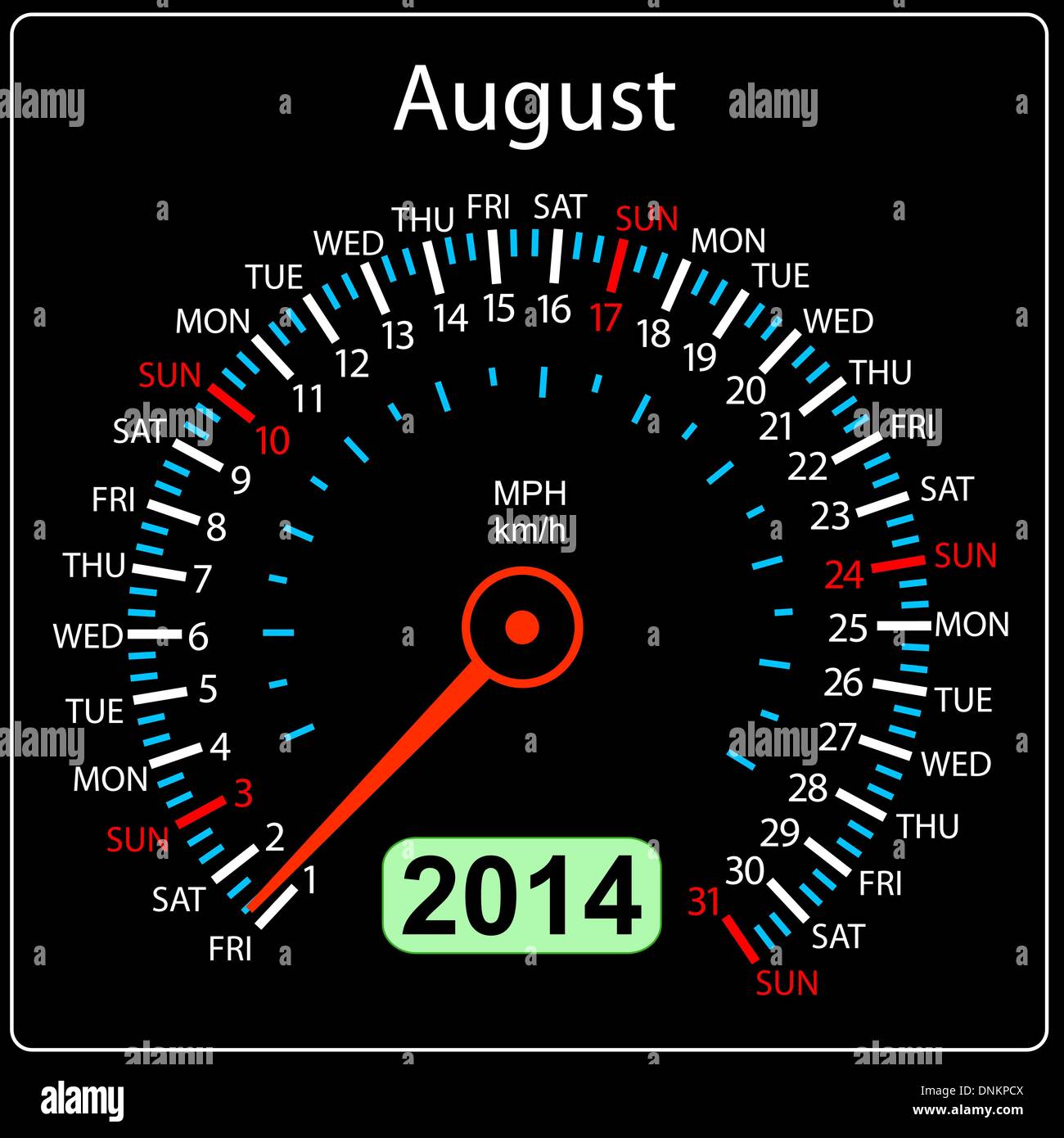 2014 year calendar speedometer car in vector. August. Stock Vector