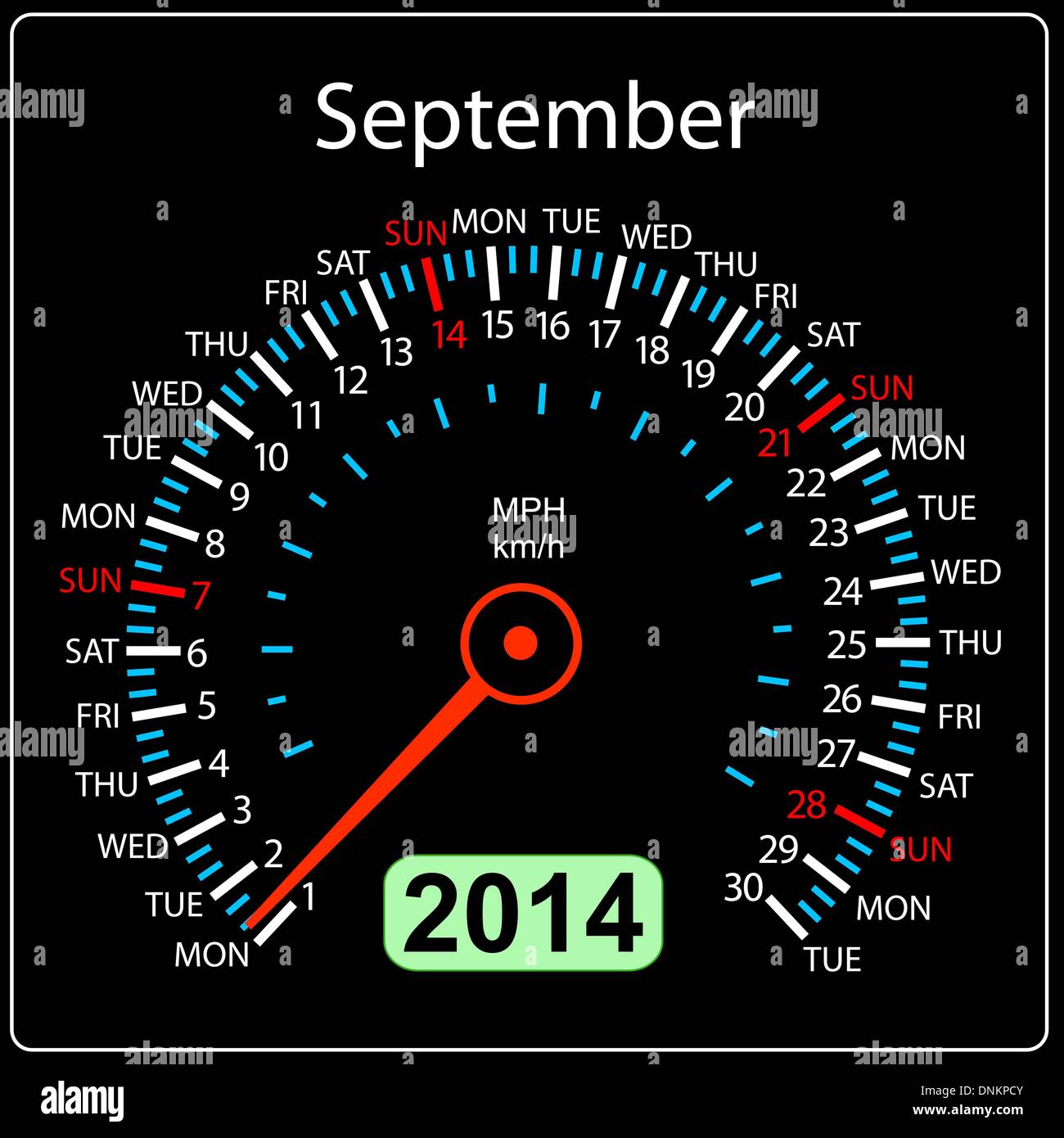 2014 year calendar speedometer car in vector. September. Stock Vector