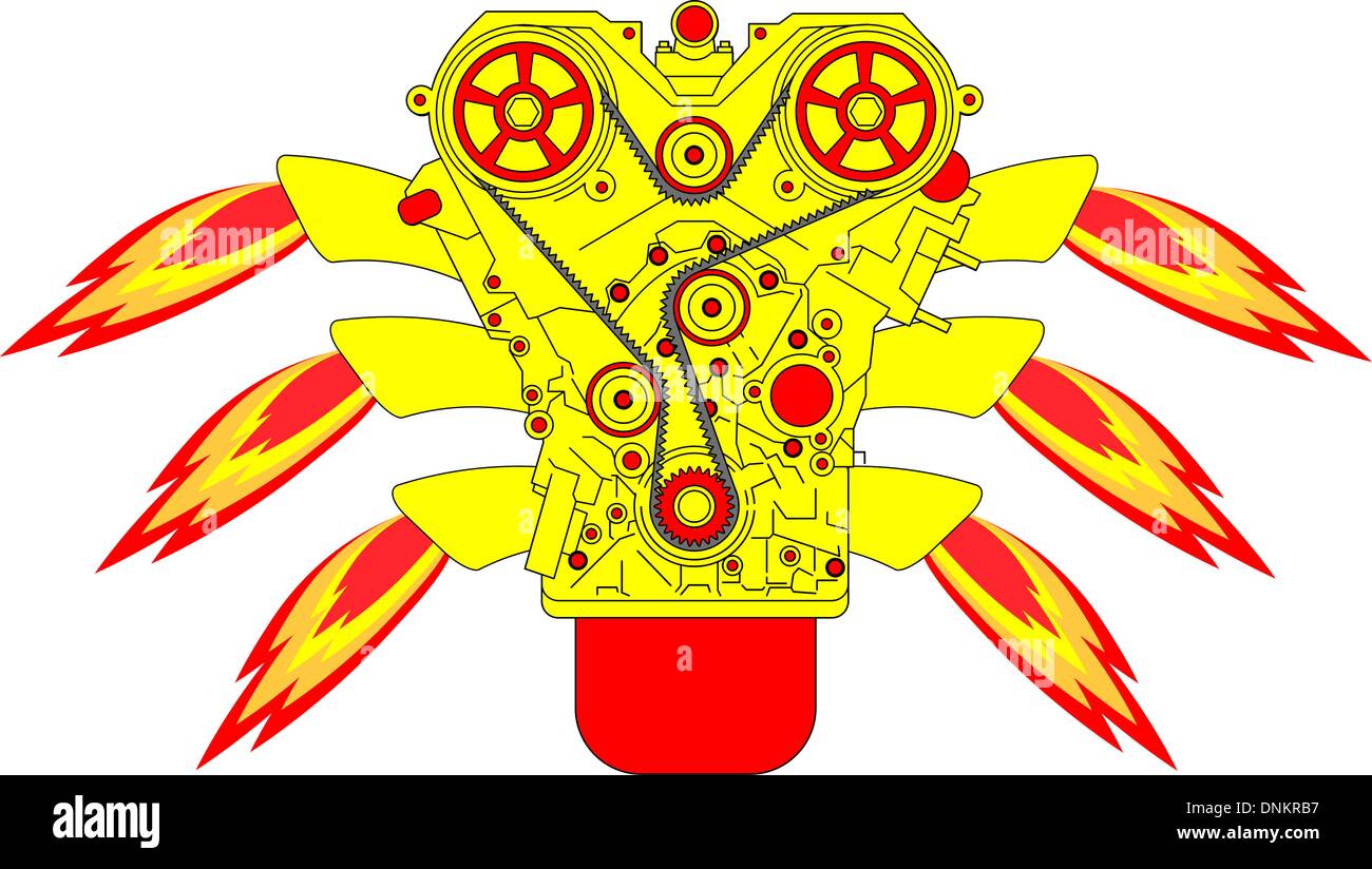 Internal combustion engine, with fire from the exhaust pipe. Vector illustration. Stock Vector