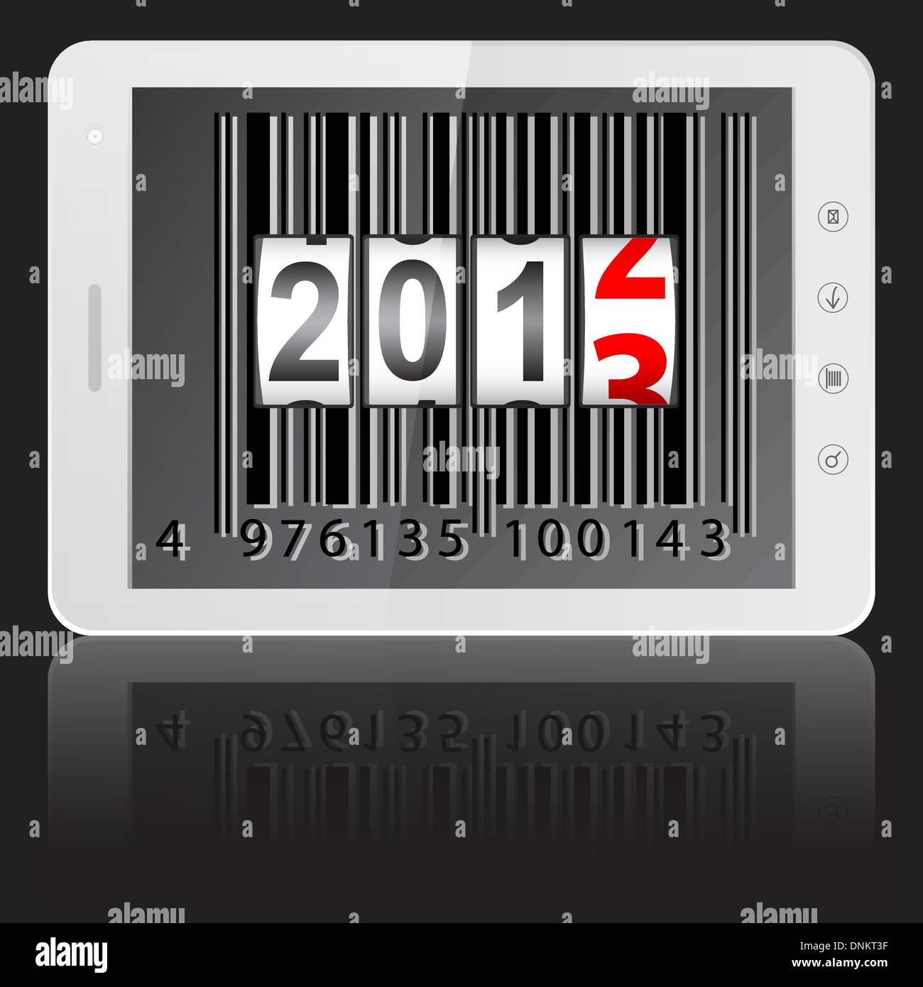 White tablet PC computer with 2013 New Year counter, barcode isolated on black background. Vector  illustration. Stock Vector