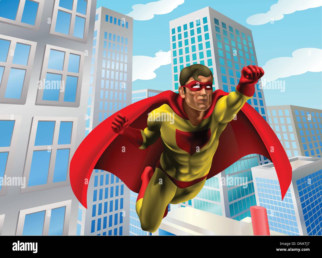 Caped super hero flying through the air in a city scene Stock Vector