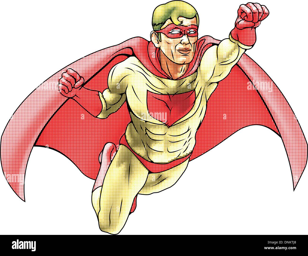Illustration of  super hero dressed in red and yellow costume and cape flying. Has color haftone style for traditional comic boo Stock Vector