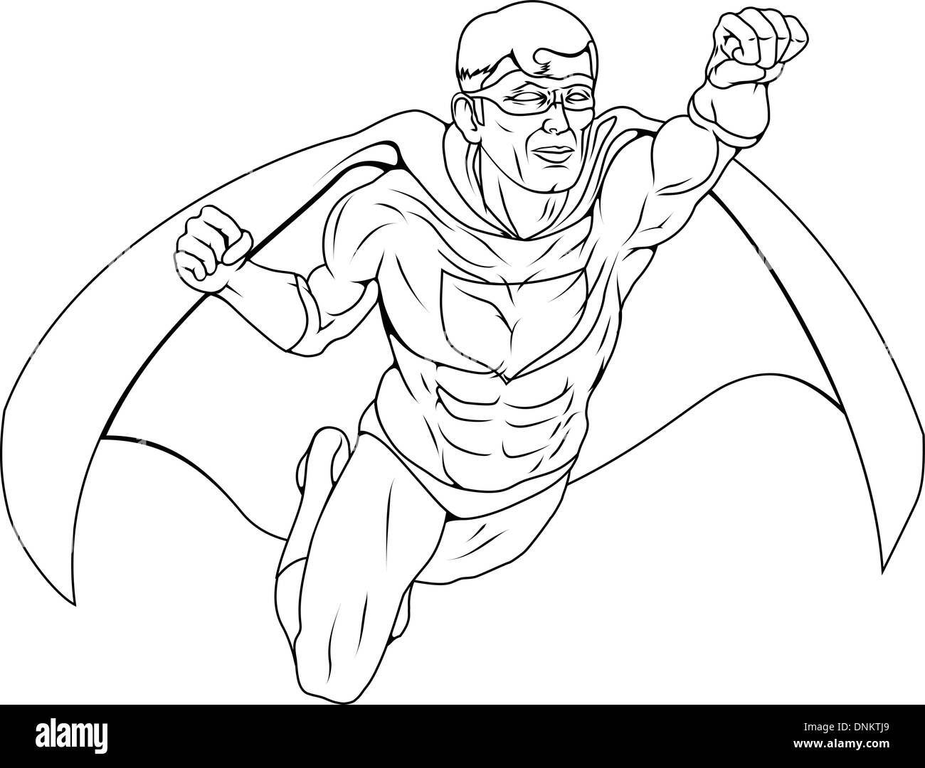 Monochrome illustration of  a super hero man dressed costume with cape flying through the air Stock Vector