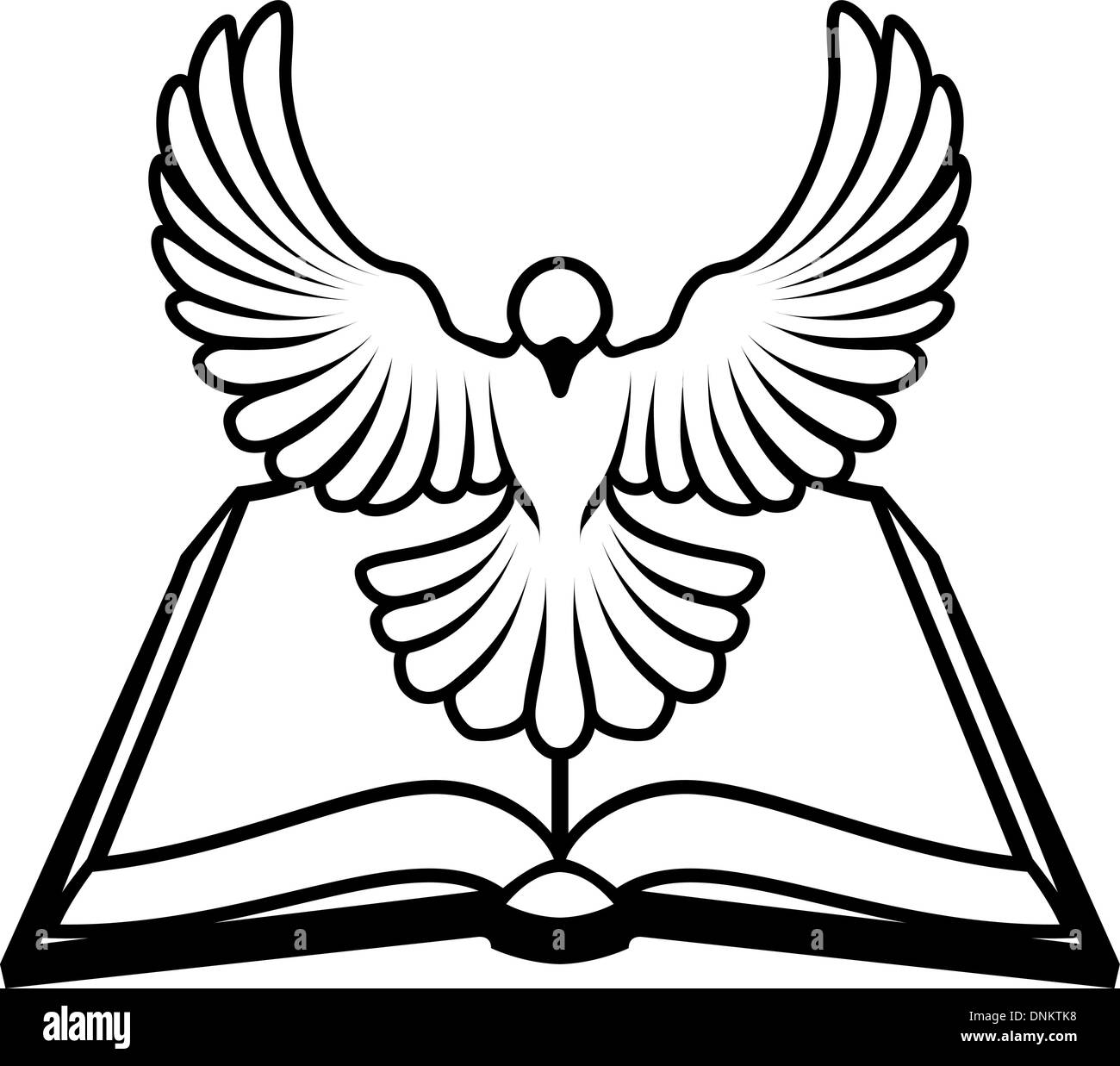 A Christian Bible dove concept, with a white dove representing the holy spirit flying out of the bible. Could refer to inerrant Stock Vector