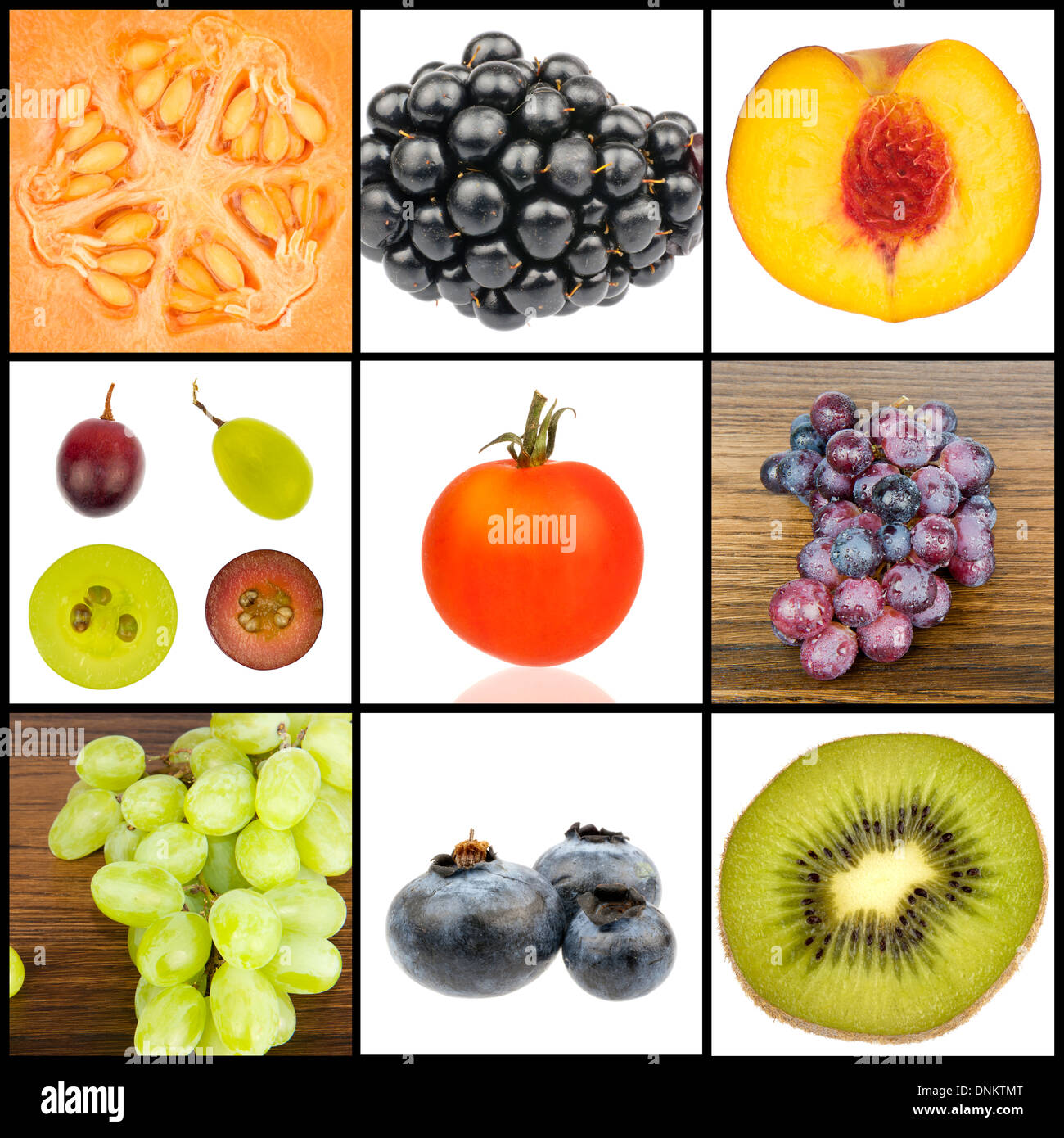 Collage of seasonal fruit in close up isolated in white and separated with black strips Stock Photo