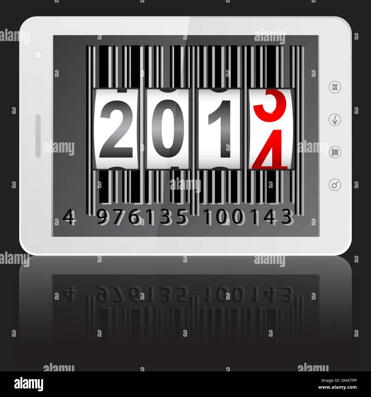 White tablet PC computer with 2014 New Year counter, barcode isolated on black background. Vector  illustration. Stock Vector