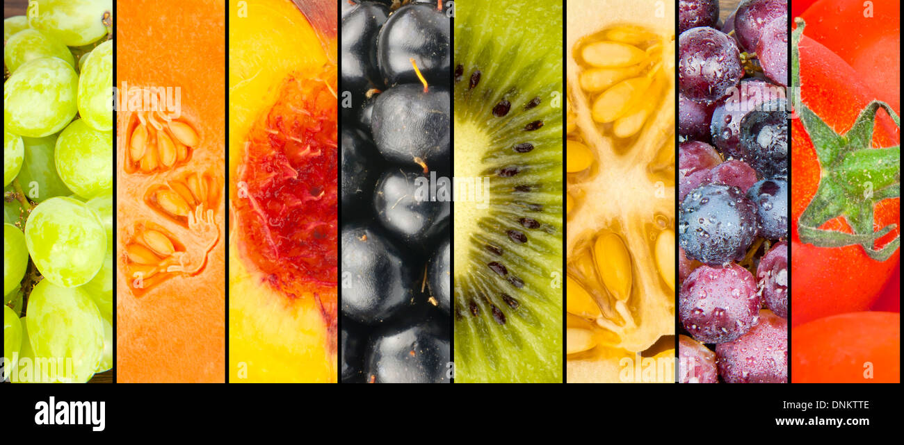 Collage of seasonal fruit in close up separated with black strips Stock Photo