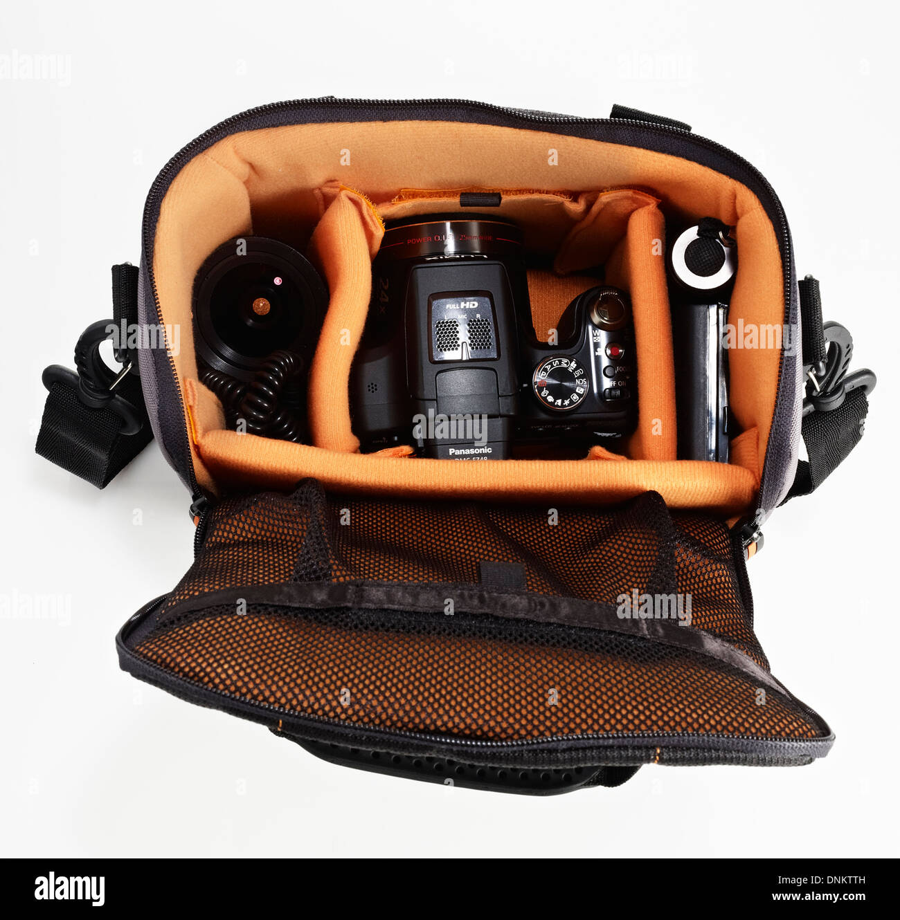 camera bag with compartments for camera, lenses and accessories Stock