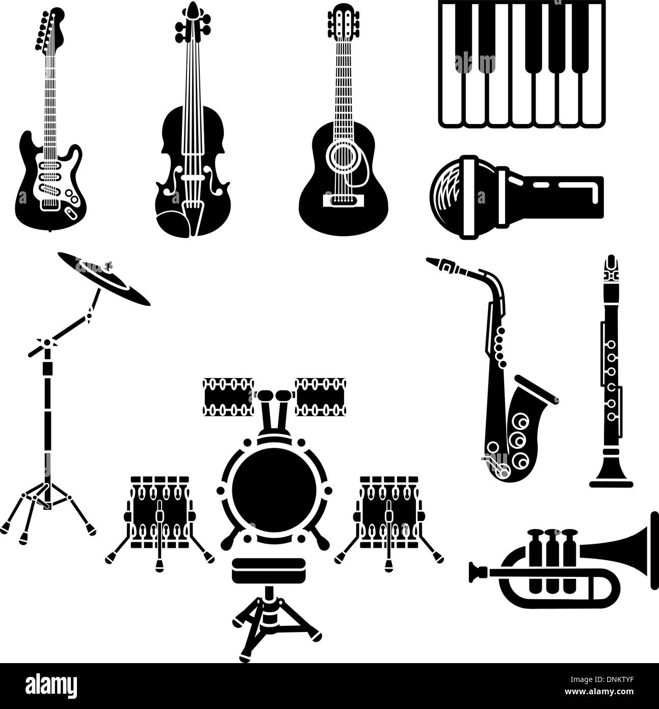 A vector icon set of musical instrument simple outline silhouettes