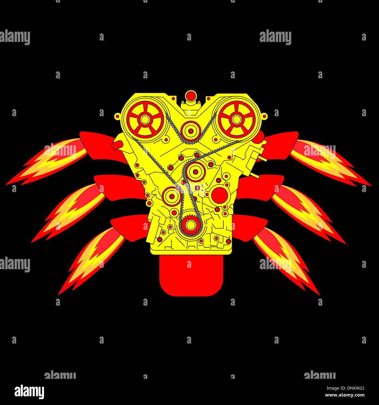 Internal combustion engine, with fire from the exhaust pipe. Vector illustration. Stock Vector