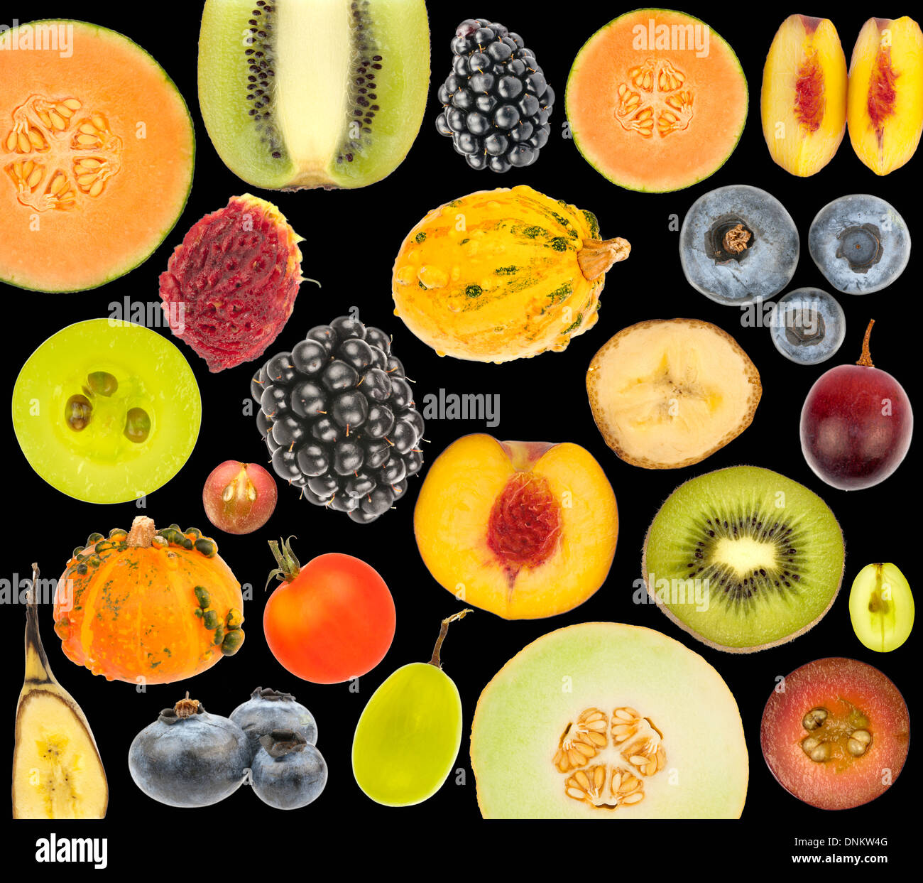 Collage of seasonal fruit isolated in black Stock Photo