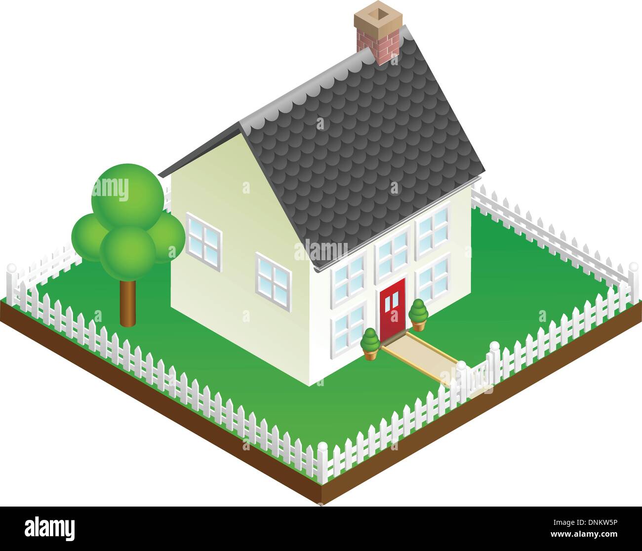 A quaint house with picket fence in isometric view Stock Vector