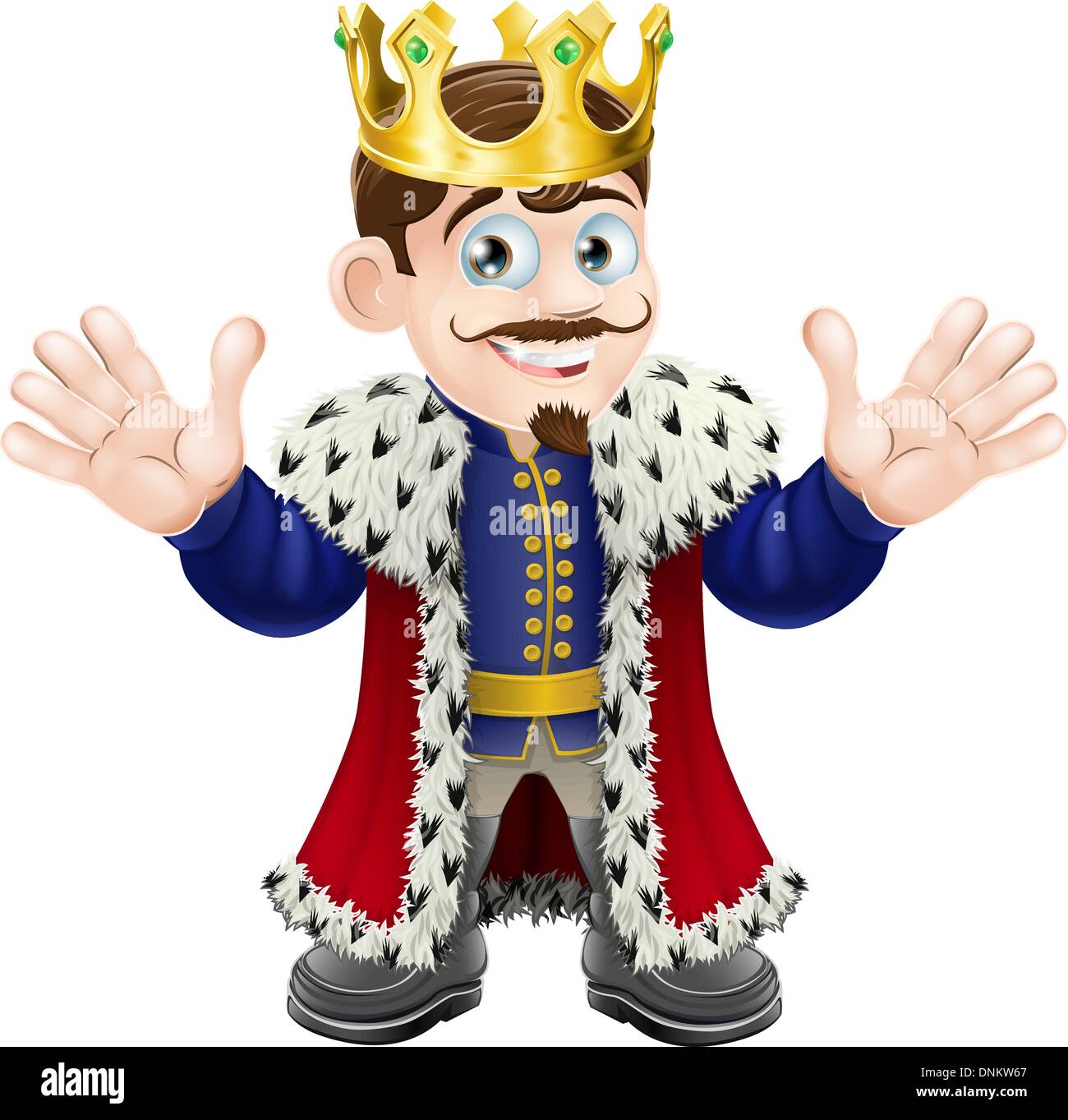 A fun King illustration with gold crown happily waving with both hands Stock Vector