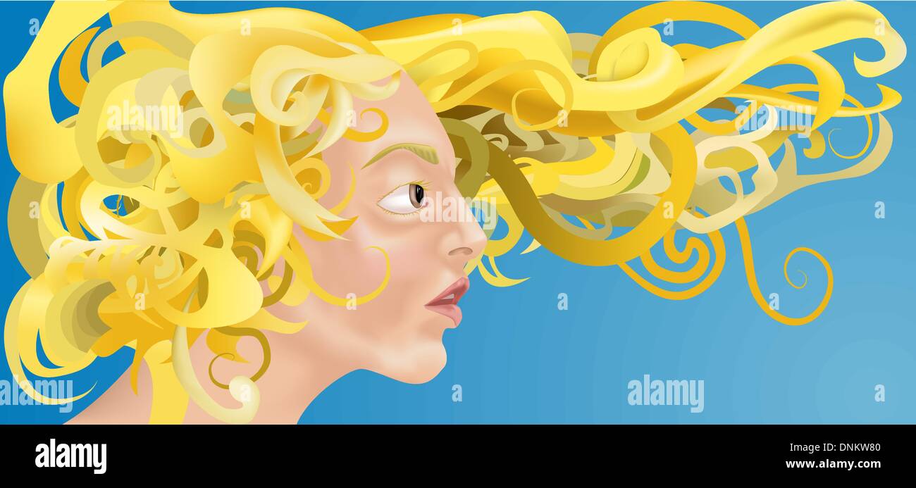 a beautiful woman with curly blonde hair blowing in the wind. Stock Vector