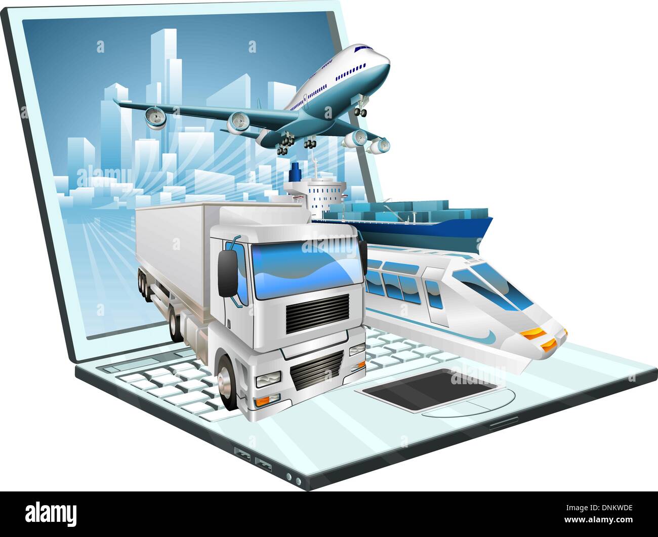 Logistics laptop computer, delivery, transportation; plane, truck Stock