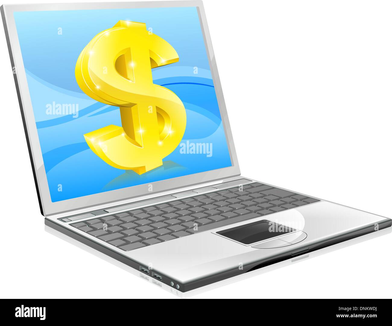 Illustration of laptop computer with dollar coming out of screen. Concept for home working or making money online or coupons, af Stock Vector