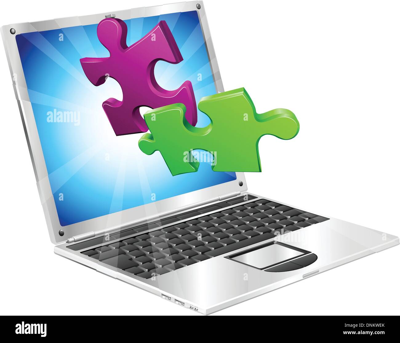 Jigsaw puzzle pieces flying out of a stylish laptop computer. Computer application concept. Stock Vector