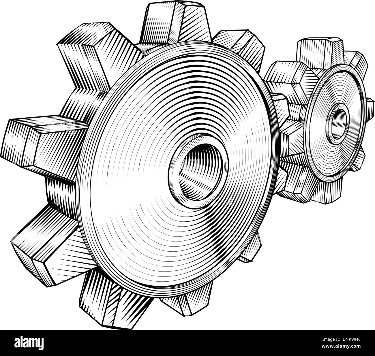 a black and white illustration of interlocking cogs Stock Vector