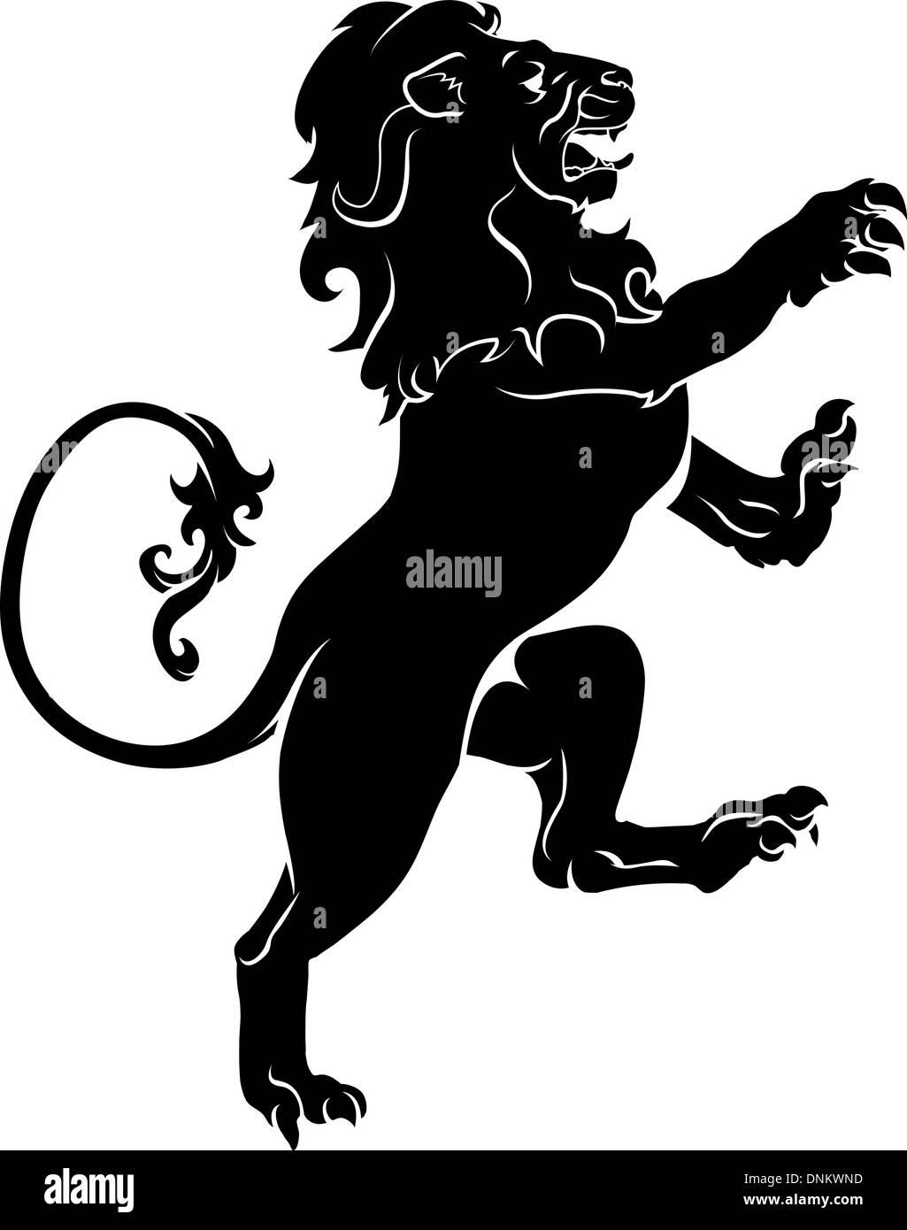 Illustration of a heraldic rampant lion on hind legs, like those found