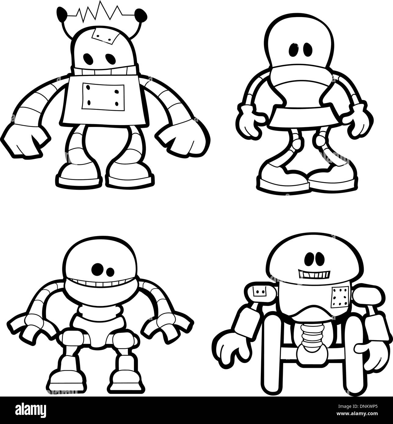 Black and white illustration of little robots Stock Vector