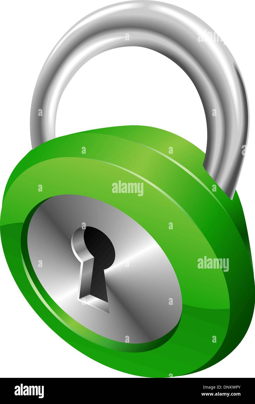 A shiny silver and green steel metallic security padlock vector illustration with dynamic perspective. Can be used as an icon or Stock Vector