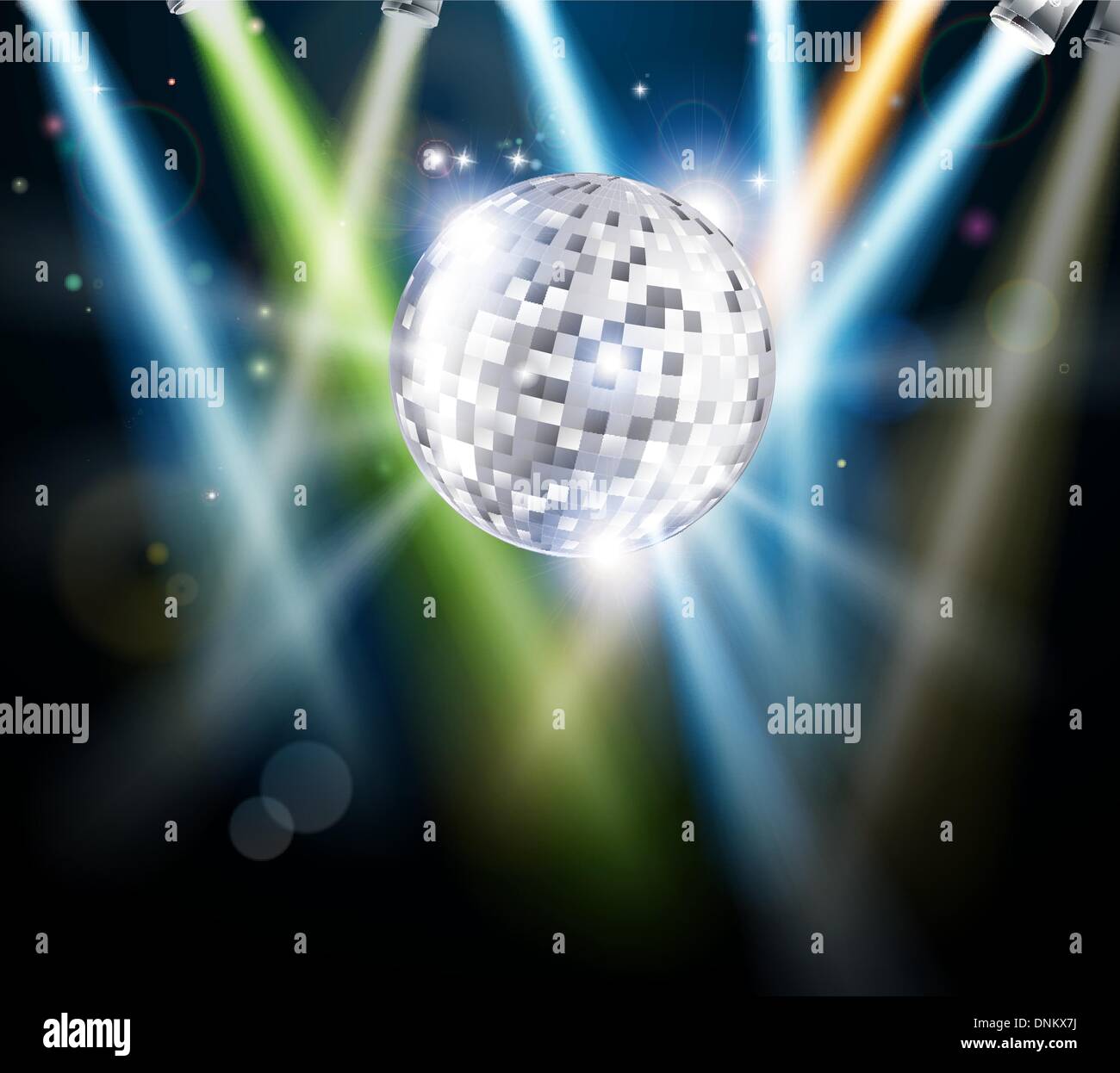 Illustration of a disco mirror ball or glitter ball with disco lights