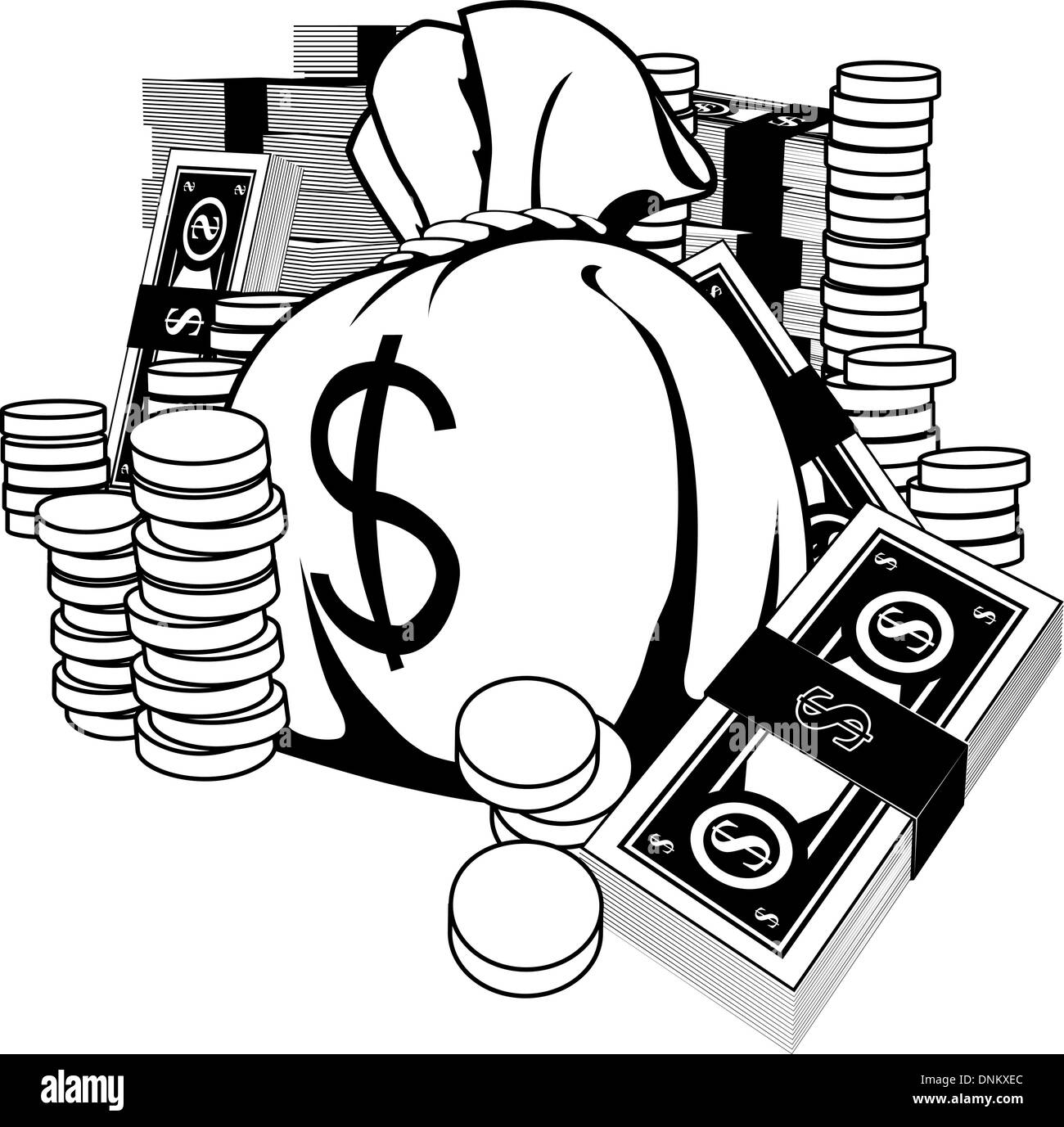Monochrome illustration of money in the form of cash and gold coins, with big money sack. Stock Vector