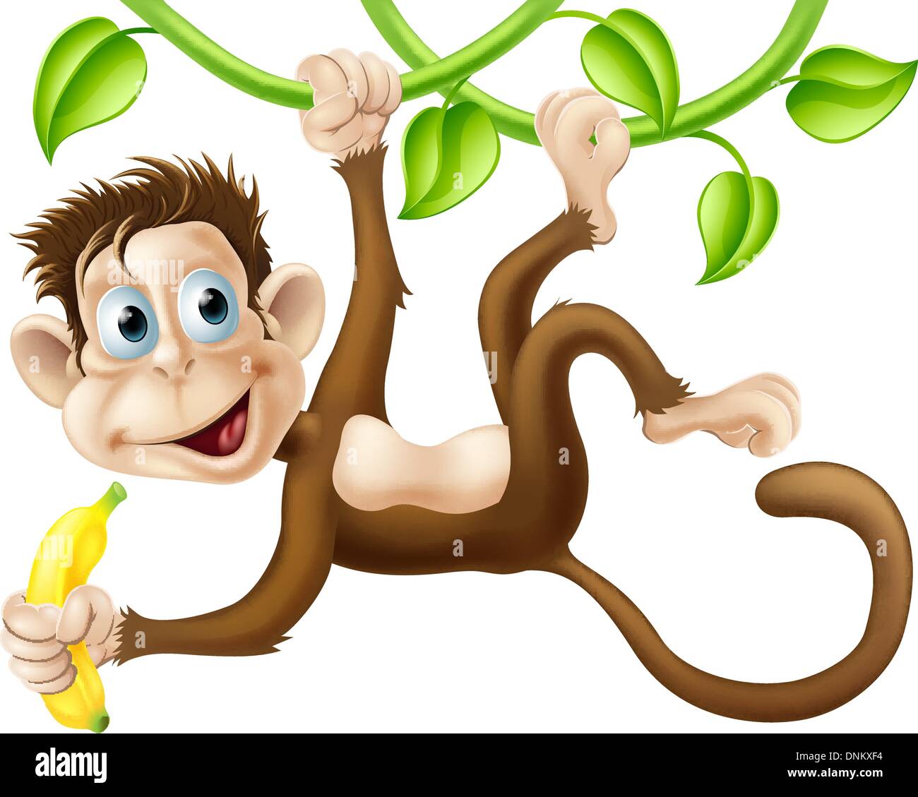 A cute monkey swinging from vines with a banana in his hand Stock Vector