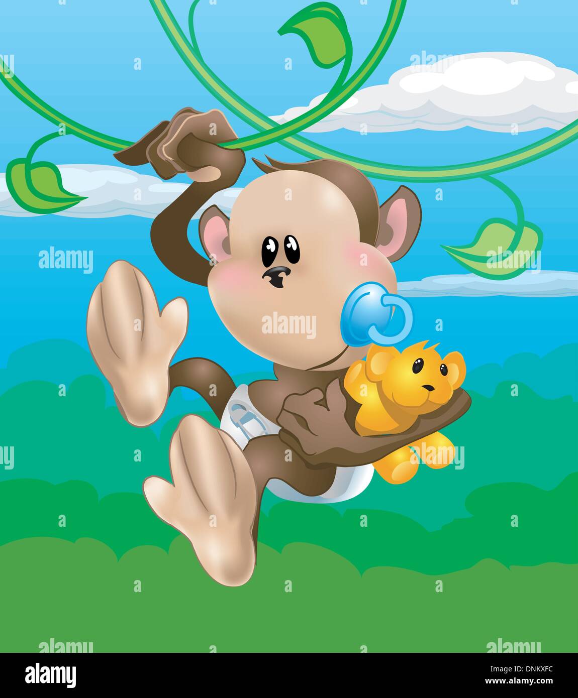 A cute baby monkey swinging through the trees Stock Vector