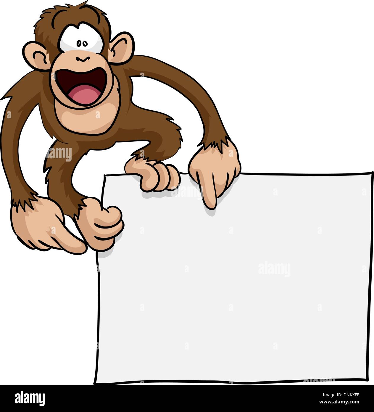 A crazy cute excited monkey pointing at a blank sign with copy-space illustration Stock Vector