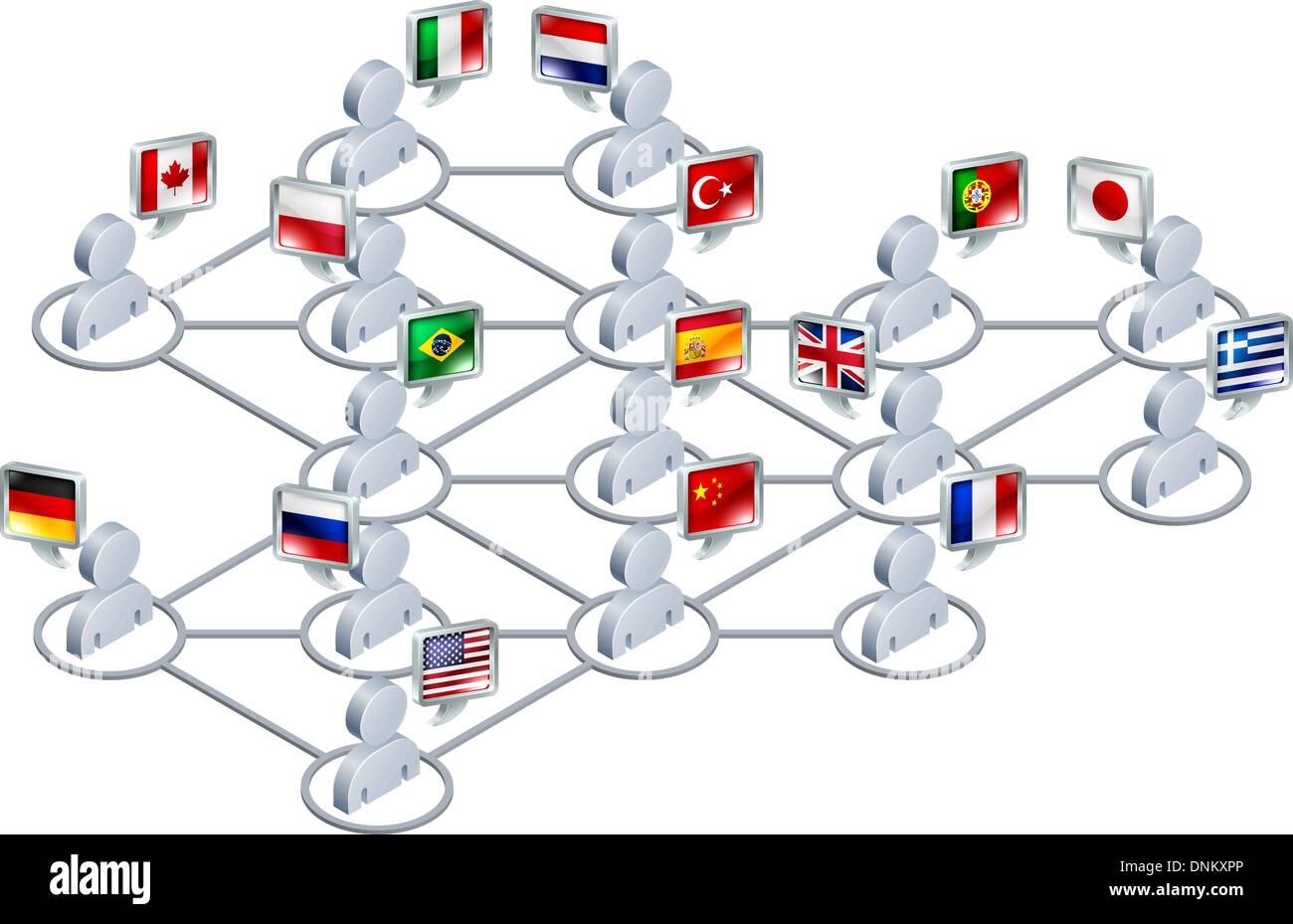 International network concept. People linked in a network speaking different languages. Stock Vector