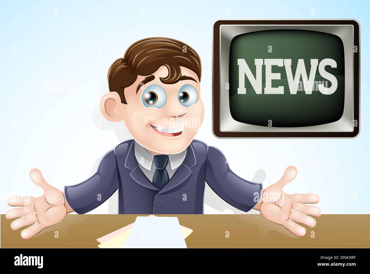 An illustration of a cartoon television news anchor man presenting the TV news Stock Vector