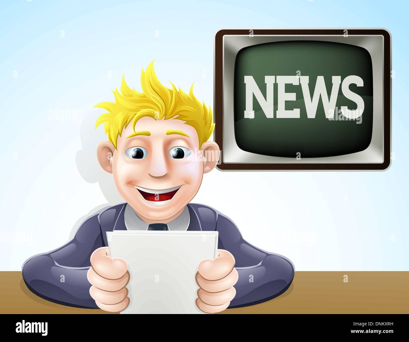 An illustration of a cartoon television news reader holding his notes in front of a screen reading news Stock Vector