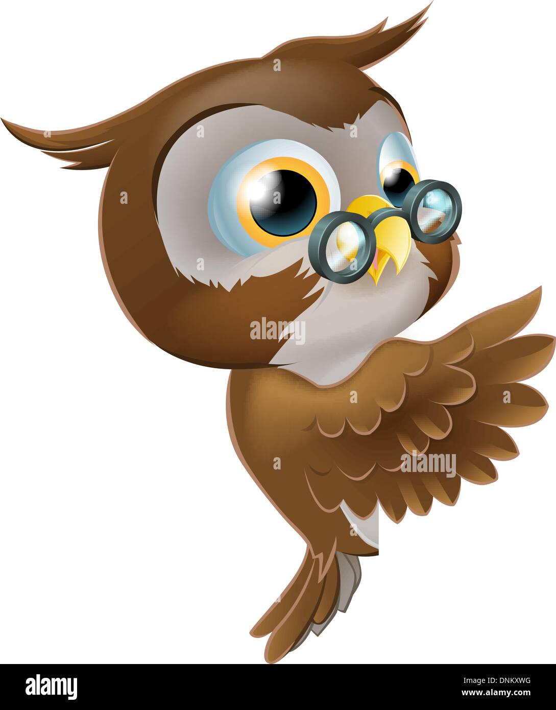 An illustration of a cute cartoon wise owl character with glasses peeking round from behind a sign and pointing or showing what  Stock Vector