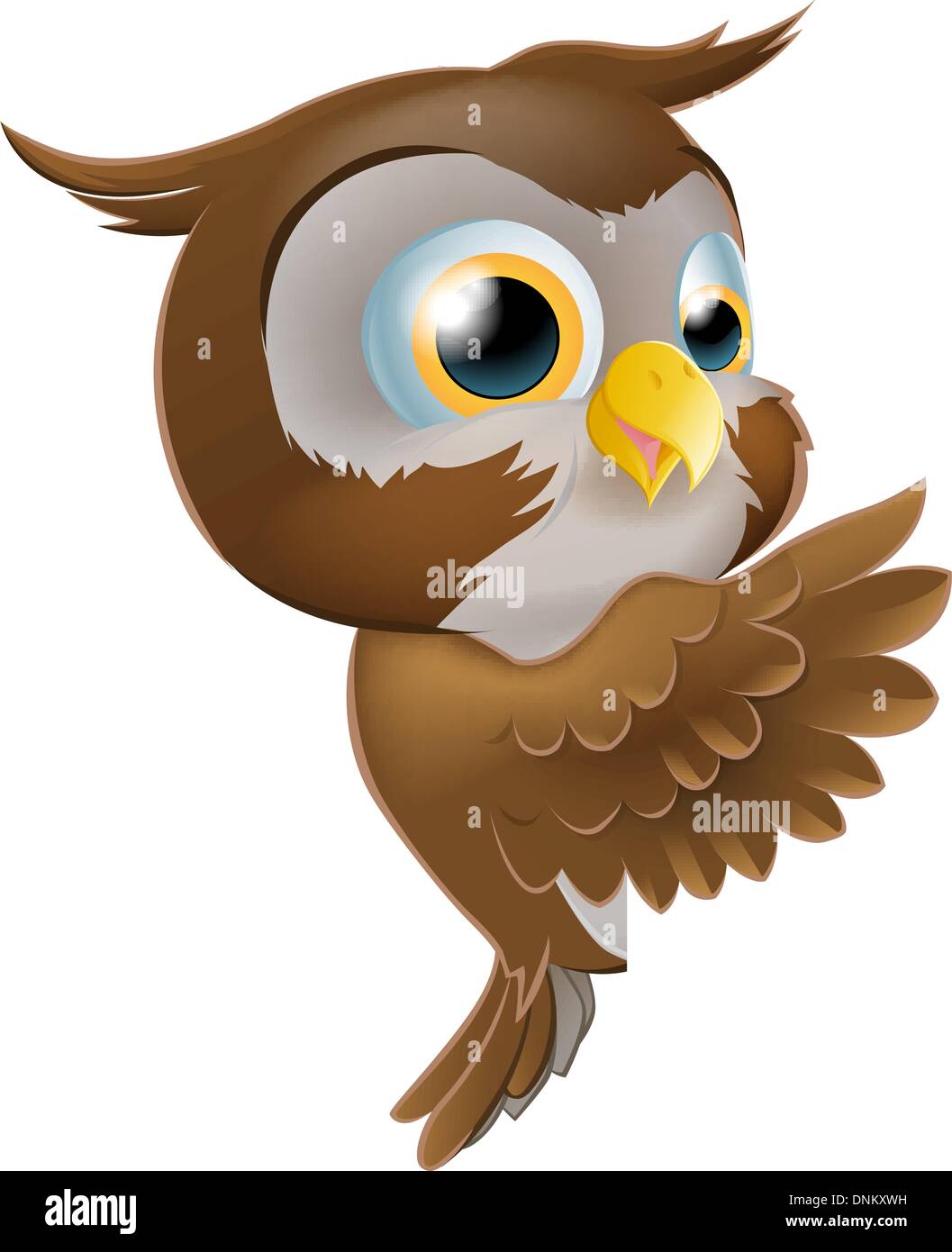 An illustration of a cute cartoon owl character peeking round from behind a sign and pointing or showing what it says Stock Vector