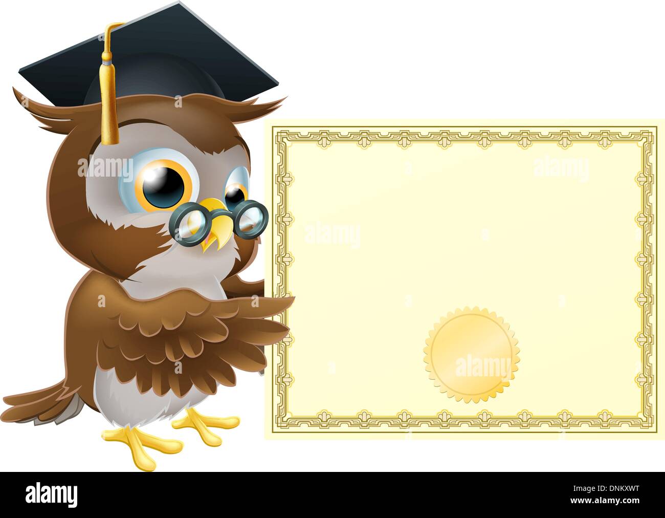 Illustration of a cute owl character in professor's or graduate's mortar board pointing at a diploma certificate background with Stock Vector