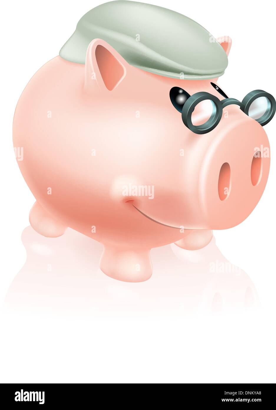 Pension savings piggy bank concept of a piggy bank money box in senior's cap and spectacles. Stock Vector