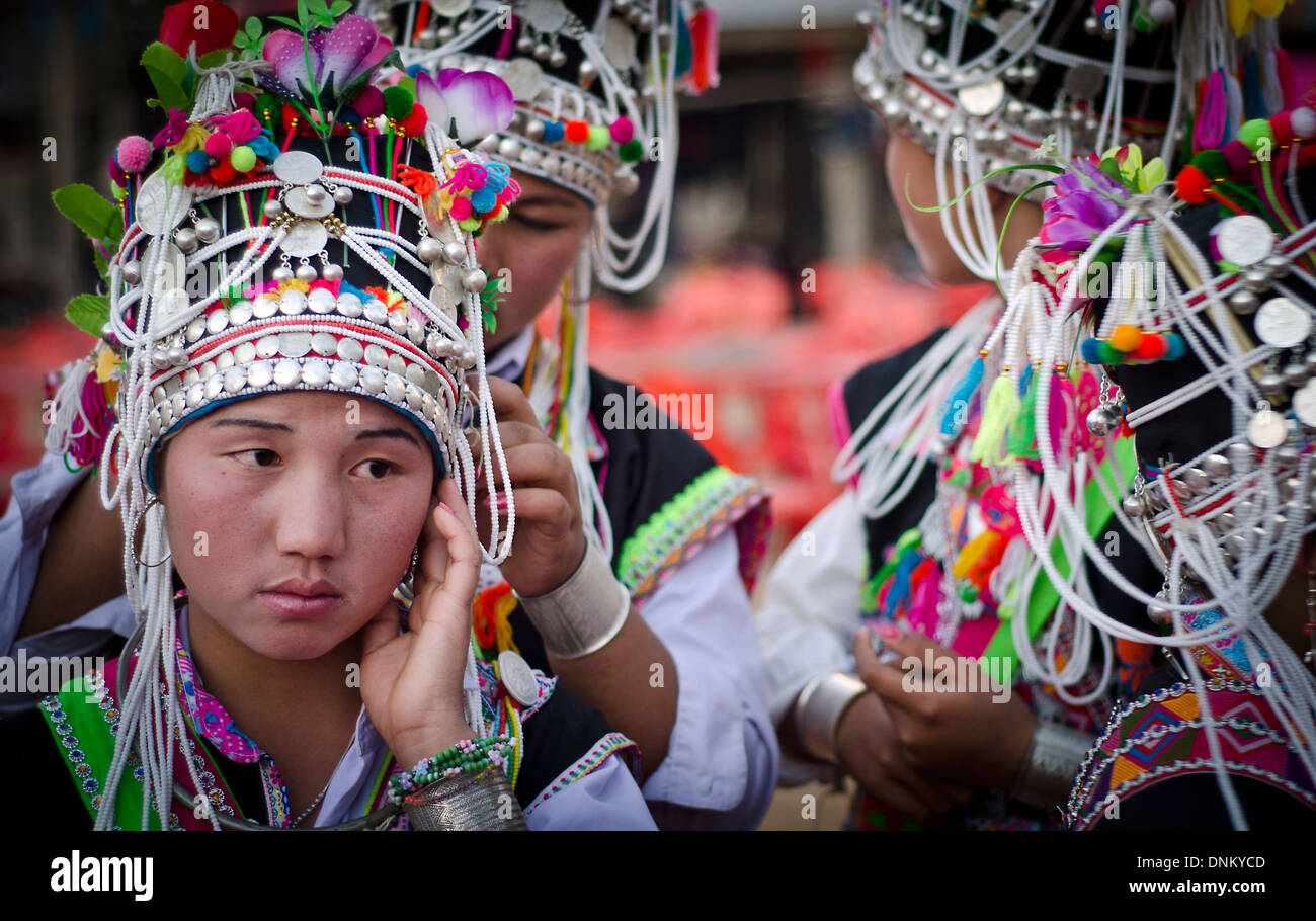 Akha tribe girls during Akha new year celebration  Lakham village,Muang Sing , Laos Stock Photo