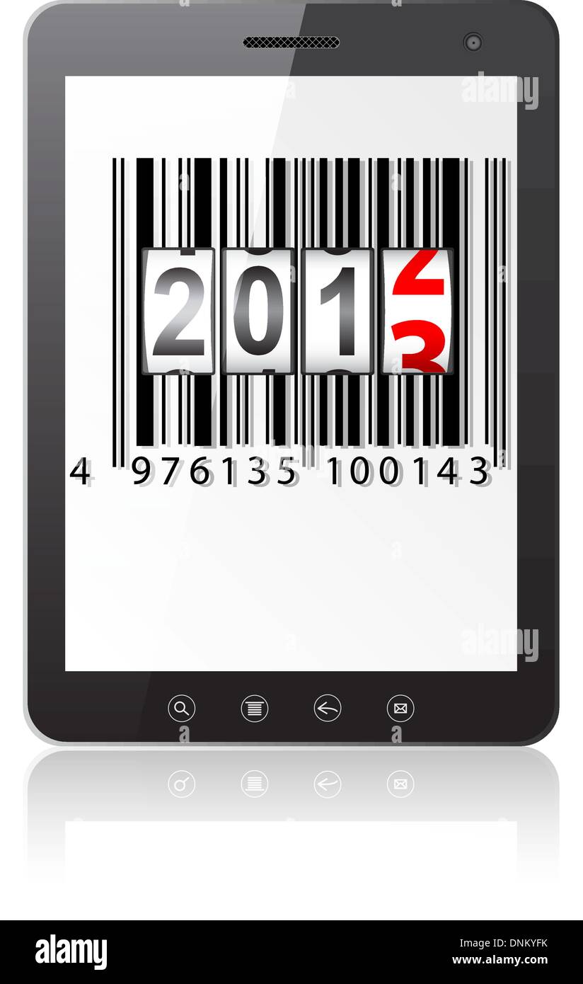 Tablet PC computer with 2013 New Year counter, barcode isolated on white background. Vector  illustration. Stock Vector