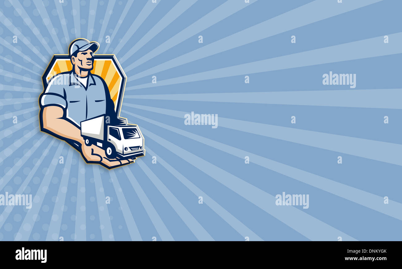 Business card template illustration of a removal man delivery guy with  moving truck van on the palm of his hand handing it over Stock Photo - Alamy