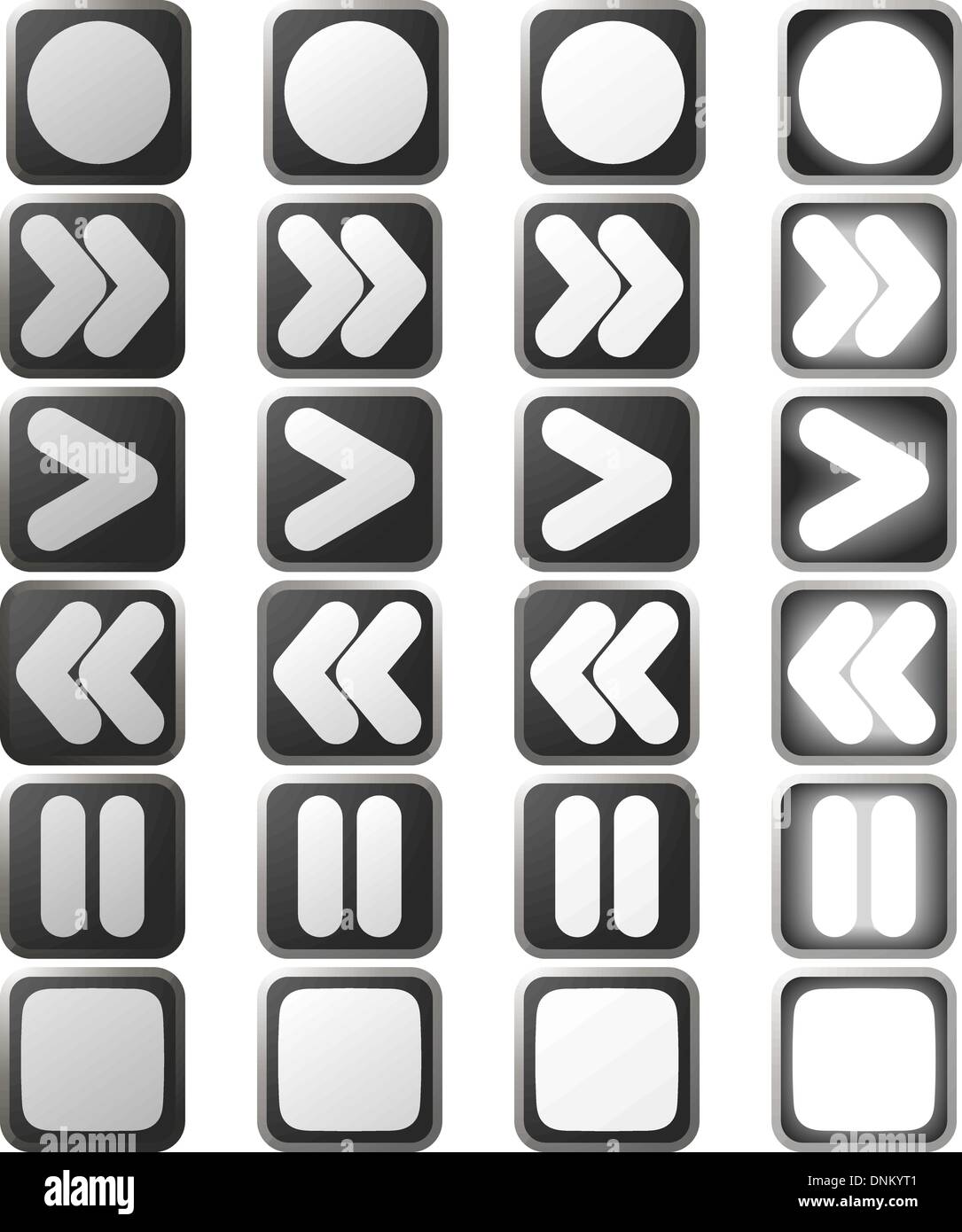 A set of white control panel button icons in various rollover state ...