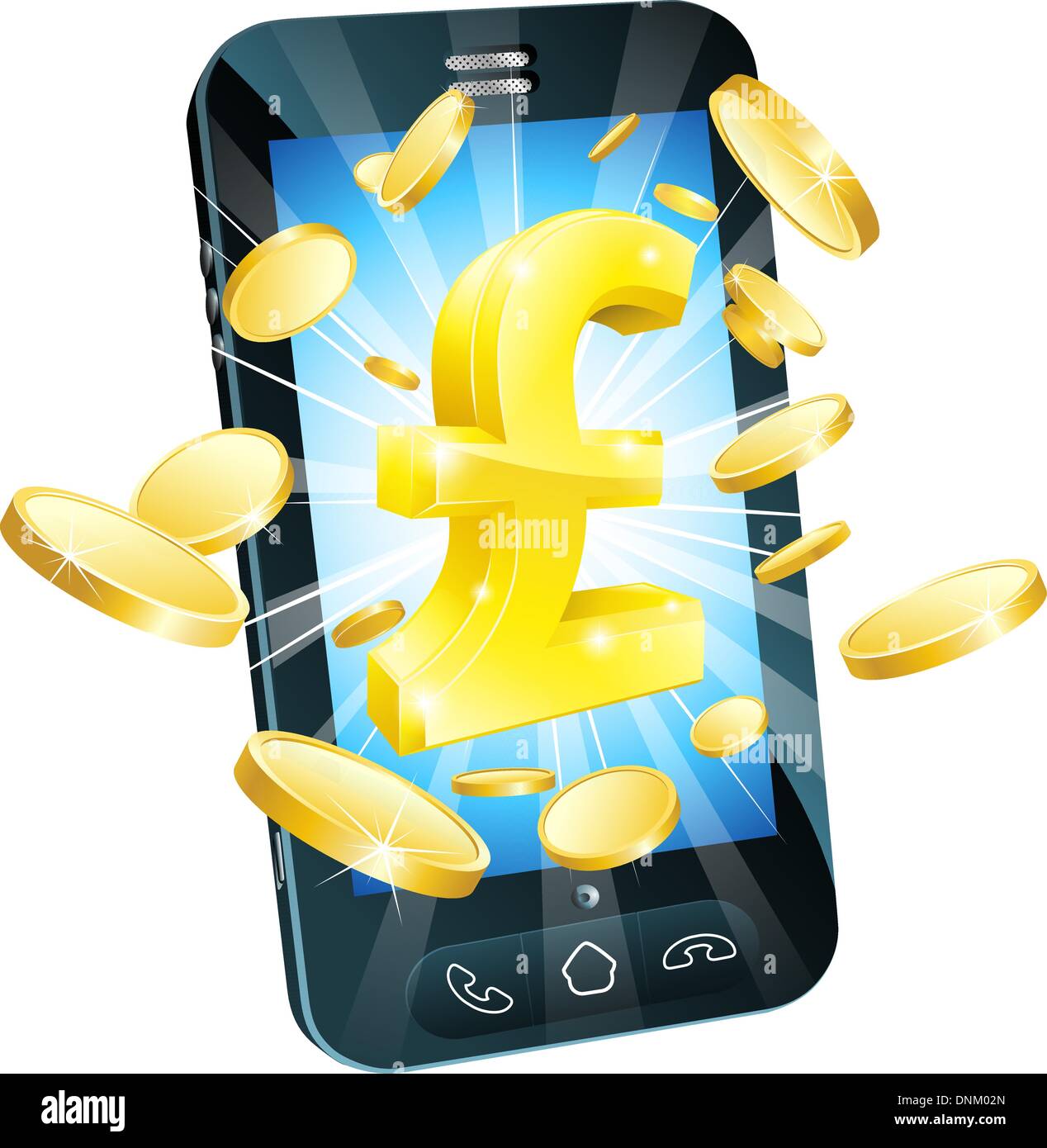 Pound money phone concept illustration of mobile cell phone with gold Pound sign and coins Stock Vector