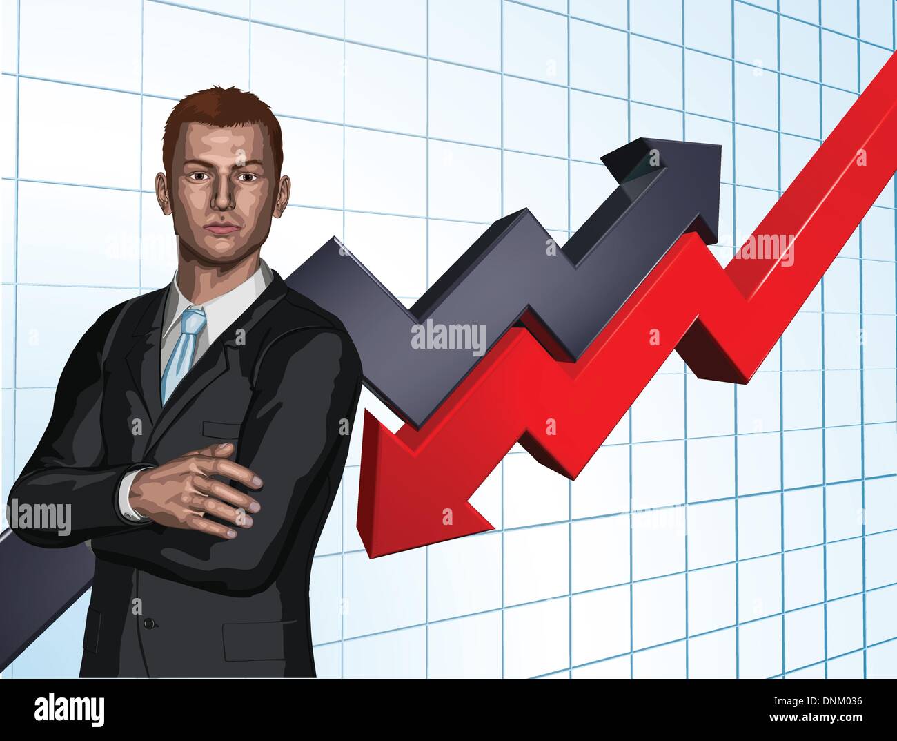 Confident young businessman in front of abstract arrow graph background ...